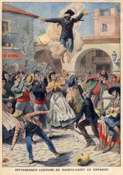 Pitoresco costume do sábado santo na Espanha: o povo faz um manequim de vime vestido com orquídeas (Judas) que são caminhadas pelas ruas, invectivas, baleadas e queimadas - ilustração do "The Petit Journal" de 31 de março