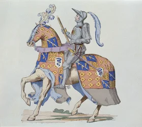 Pierre de Rohan, pai de Gie, a cavalo em 1475, gravado por Gautier