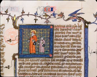 Peregrinos de Santiago de Compostela, detalhe de uma inicial historiated