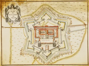 Plano da cidadela de Milão (caneta e tinta e wc no papel)