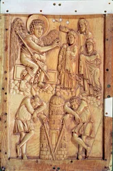 Placa representando as mulheres sagradas no túmulo