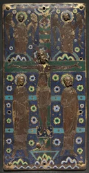 Placa da capa de um livro com a Crucificação, início do século XII (cobre: dourado, gravado, perseguido; esmalte champlevé; núcleo de madeira)