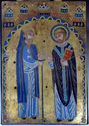 Placa do altar-mor da Abadia de Grandmont representando Santo Estêvão de Muret, fundador da Ordem de Grandmont, com seu discípulo prefeito Hugues Lasert (Lacerta). Email de Limoges. 1375-1400. Museu da Idade Média de Cluny, Paris.