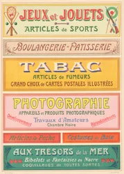 Placa n° 20: Modelos de sinalização para pintor de letras Art Nouveau (Jogos e brinquedos, Padaria-Pastelaria, Tabaco, Fotografia).