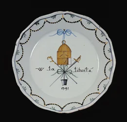 Placa com uma gaiola aberta e a lenda Vive la Liberte, 1791 (cerâmica)