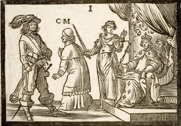 Panfletos políticos Mazarinade: Mazarin banido pela Justiça e Sling, deixa o Rei (Luís XIII). Madeira gravada 1651.
