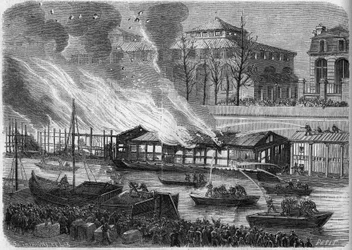Bombeiros tentando apagar o fogo dos barcos Escola de Natação no canal Saint Martin, em Paris, 5 de janeiro de 1864. Gravura em "Le Monde Illustre" n°553 de 16 de janeiro de 1864.