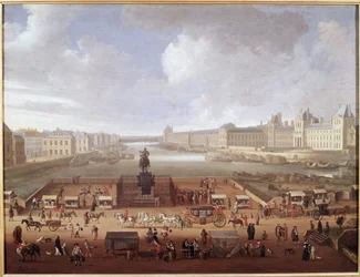 Pont Neuf, Paris, visto da entrada da Place Dauphine, com o Colégio das Quatro Nações, o Quai Malaquais e o Louvre