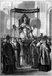 O Papa Pio IX (1792-1878) leva-o em procissão à Igreja de São Pedro em Roma (Itália) no Domingo de Ramos de 1861. Gravura no "Le Monde Illustré" n°209 de 13 de Abril de 1861.