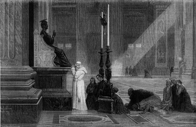 O Papa Pio IX (1792-1878) rezou perto da estátua de São Pedro, na Basílica de São Pedro, em Roma. Gravura de "Roma: descrição e lembranças" de Francis Wey, anos 1870.
