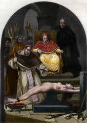 O Papa Pio V preside ao tribunal da Inquisição.