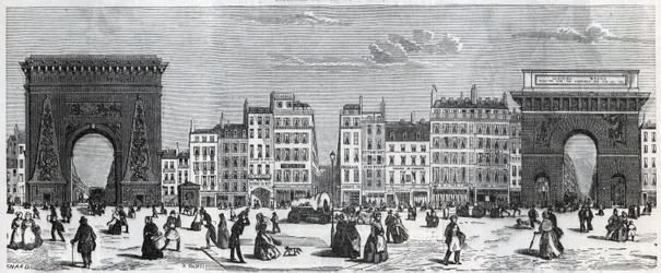 Porte Saint-Denis e rue faubourg Saint Denis - Porte Saint Martin e rue faubourg Saint-Martin Gravação em "Tableau-de-Paris" de Edmond Texier (1815-1887)