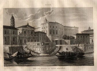 Porto di Ripetta e Palazzo Borghese - Roma - Gravura de "Picturesque Italy" - Pintura Histórica e Descritiva da Itália" de M. de Norvins, Ch. Nodier 1834-1836.