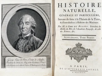 Retrato e página de rosto da "Histoire naturelle, générale et particulière" de Buffon