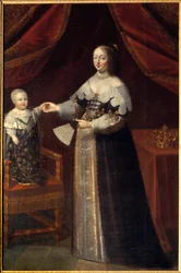 Retrato no pé de Ana da Áustria (1601-1666), Rainha de França com Luís XIV Pintura infantil da Escola Francesa do século XVII. Chambord, museu do castelo