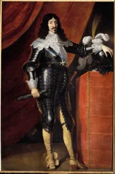 Retrato no pé de Luís XIII (1601-1643) em pintura de armadura da Escola Francesa do século XVII. Musee du chateau de Chambord - Retrato de Luís XIII (1601-1643) em armadura. Pintura da Escola Inglesa do Século XVII. Museu do