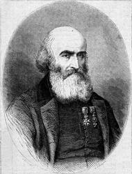 Retrato de Abbe François Bourgade (1806-1866), Chamonier de Saint Louis Chapel em Cartago (Tunísia). Gravura em "Le Monde Illustré" n°251 de 1 de Fevereiro de 1862.