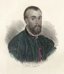 Retrato de André Vesale (1514-1564), médico flamengo que exerceu em Espanha e Itália. em "Portraits des Hommes Úteis".