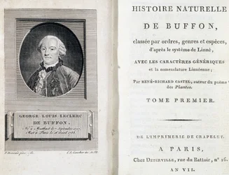 Retrato de Buffon e página de rosto da "História Natural de Buffon", classificada por ordens, géneros e espécies, segundo o sistema de Linné