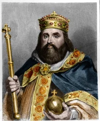 Retrato de Carlos III 3 o Gros (839-888) Imperador do Oeste (881 - 887) e Regente de França (884 - 887) - em "Histoire des Francais" de Lavallee, gravura, sd.