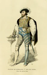 Retrato de Claude de Lorraine (1496-1550), Primeiro Duque de Guise. Gravura a cores, em "France et les francais a travers les siecles" de Augustin Challamel, editor F.Roy, Paris 1882. Coleção Selva.