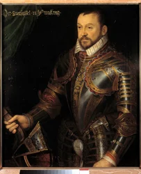 Retrato de François I, Duque de Montmorency, marechal da França (1530-1579) em armadura gravada com seu monograma e o de sua esposa Diane de France Pintura da Escola Francesa do século XVI. Dim. 0,87x0,74 m. Versailles, Chateaux de Versailles et