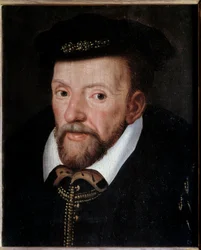 Retrato de Gaspard de Coligny (1519-1572) Almirante da França Pintura da Escola Francesa. Sol do século XVI. 0,24x0,19 m