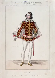Retrato de Gilbert Duprez, tenor e compositor francês em "La Favorite" de Gaetano Donizetti (gravura colorida)