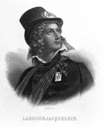 Retrato de Henri du Vergier, Conde de La Rochejaquelein (ou Verger de La Rochejacquelein) (1772-1794). Tem no peito a insígnia dos vendedores. - em "Revolution francaise" de Thiers. Século XIX
