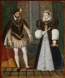 Retrato de Henrique II (1519 - 1559) e Catarina de Medici (Caterina de Medici) (1519 - 1589), Rei e Rainha de França. Pintura francesa anónima