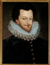 Retrato de Henrique I de Lorena, terceiro Duque de Guise chamado scaar (1550-1588) Pintura em madeira anónima da Escola Francesa. Sol do século XVI. 0,66x0,46 m
