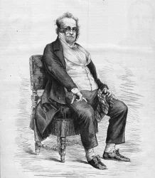 Retrato de Henry Monnier (1799-1877), dramaturgo, cartunista e comediante francês. Ele está vestido como "Monsieur Prudhomme", personagem inventado por Monnier, um desenho animado dos burgueses franceses do século XIX. Gravura em "Le Monde Illustré" n°1031