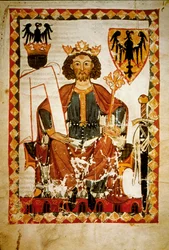 Retrato de Henrique VI (1165-97), rei da Alemanha, da Sicília e imperador do Sacro Império Romano-Germânico. Miniatura do Códice "Manesse"