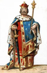 Retrato de Hugues I Capet (v. 941 - 996), Duque de França e depois Rei de França. Cromolitografia do final do século XIX.