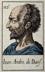 Retrato de Jean Antoine de Baif (1532-1589), poeta francês membro do movimento Pleiade. Gravura do século XIX.