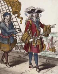 Retrato de Jean Bart (1650-1702) segurando um fusível queimando na boca durante um encontro naval (gravura colorida)