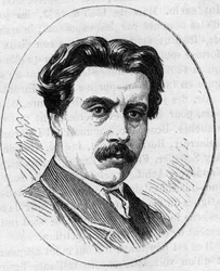 Retrato de Jean Falguiere 1831-1900), escultor francês. Gravura em "Le Monde Illustré" n°890 de 2 de Maio de 1874.