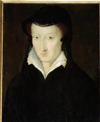 Retrato de Joana de Albret, princesa soberana de Bearn, rainha de Navarra (1582-1572), mãe de Henrique IV, em vestido de viúva depois de 1562 cerca de 1563-1570 Pintura anónima da escola francesa. Século XVI. Dim. 0,18x0,14 m.