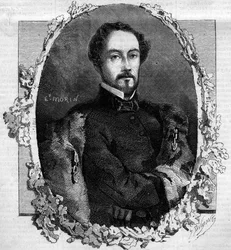 Retrato de Juan Prim y Prats, Conde de Reuss (1814-1870), general espanhol e político. Gravura em "Le Monde Illustré" n°151 de 3 de maio de 1860.