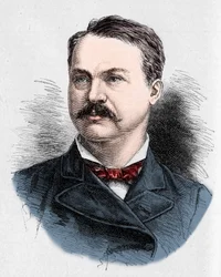 Retrato de Louis Honore (Louis Honore) Frechette (1839-1908), poeta e dramaturgo canadense. Gravura de Charles Georges em "Le Monde Illustré" n°1328 de 9 de Setembro de 1882.
