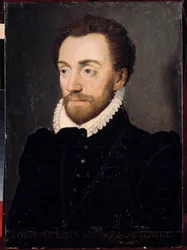 Retrato de Luís I de Bourbon, primeiro Príncipe de Conde (Bourbon-Conde) (1530-1569) em 1561. Pintura da escola francesa do século XVI. Dim. 032x0,23m. Versalhes, Castelos de Versalhes e Trianon.
