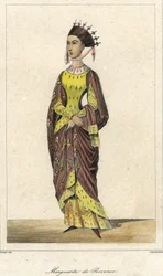 Retrato de Marguerite de Provence (1221 - 1295), Rainha de França, esposa de Luís IX. Gravura do século XIX.