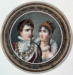 Retrato de Napoleão I (1769-1821) e Josefina de Beauharnais (1763-1814) Pintura sobre tampa de bombom. Século XIX
