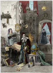 Retrato de Nostradamus, Michel de Notre Dame (1503-1566) Astrólogo e médico francês com Catherine de Medicis (Caterina de Medici) (1519 - 1589) - século XIX (gravura)