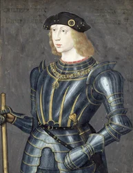 Retrato de Filipe II de Espanha (bodycolour e ouro em pergaminho)