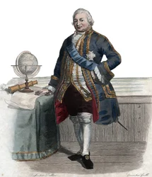 Retrato de Pierre Andre de Suffren de Saint Tropez (Saint-Trophez), oficial de justiça de Suffren (1729-1788), almirante francês. ilustração de "Le Plutarque Francais" de Edmond Mennechet