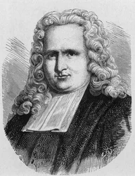Retrato de Pieter (Petrus, Pierre) van Musschenbroek (1692 - 1761), físico holandês, inventor em 1745 do primeiro condensador eléctrico (garrafa de Leiden) - no "Álbum da Ciência; cientistas ilustres; Grandes descobertas" 1896.