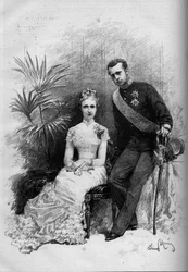 Retrato da Princesa Stephanie da Bélgica (1864-1945) e do Arquiduque Rodolphe da Áustria (1858-1889). Gravura em "Le Monde Illustré" n°1209 de 29 de Maio de 1880.