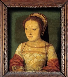 Retrato de Renee da França, filha de Luís XII, Duquesa de Ferrara (1510 - 1575). Óleo sobre madeira, 0,16 x 0,13 m. pintura anónima. Escola francesa do século XVI.