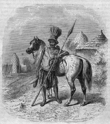 Retrato de um chefe da tribo Mousgou na África Central, meados do século XIX. Gravura de Freeman em «The Picturesque Magasin»